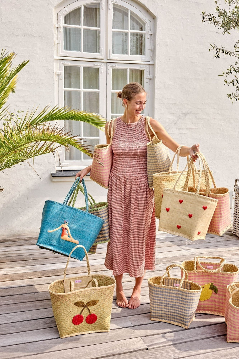 Raffia-Tasche – Pink mit Zitrone – Groß – Rice - CloverLiving.com